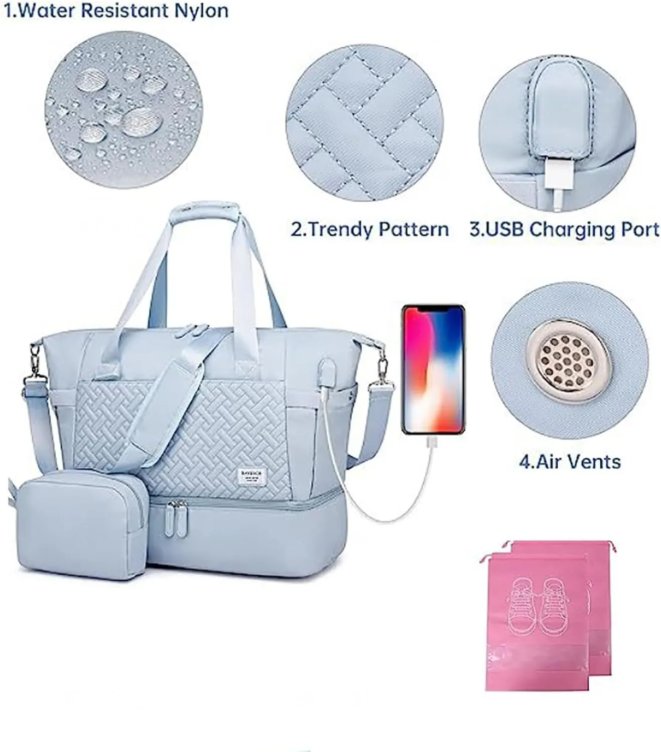 37L Gym Duffle Bag for Women,Weekender Overnight Bag with USB Charging Port,Sports Travel Bag with Wet Pocket,Adjustable Strap for Gym, Yoga,A