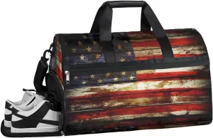 4th Of July American Flag Wooden Sports Gym Bag with Wet Pocket & Shoes Compartment Waterproof Workout Duffel Bag for Women and Men Weekender Overnight Duffle Bag Travel Carry-on Tote