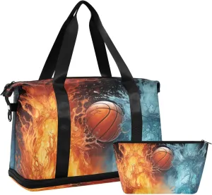 ALAZA Basketball in The Fire and Water Gym Bag Sports Duffel Bag with Shoes Compartment, Overnight Weekender Travel Tote Bag for Women Men Trip College