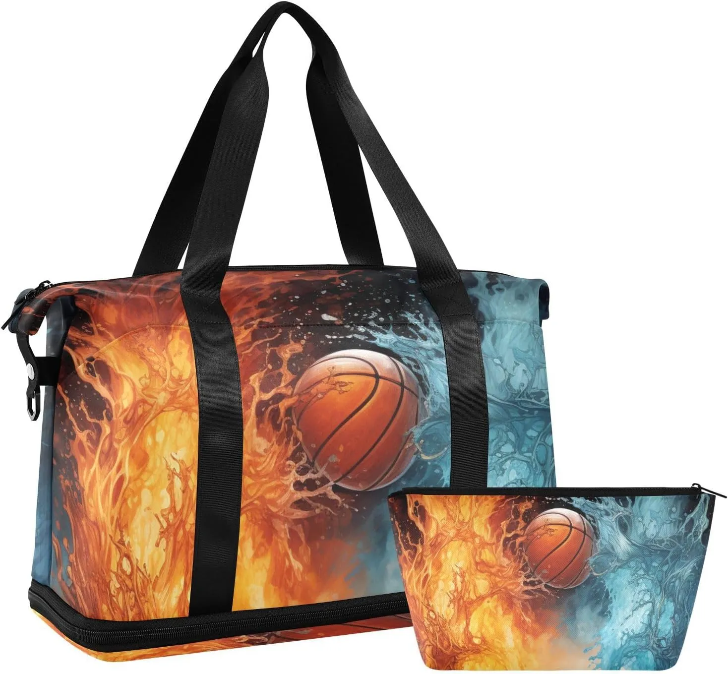 ALAZA Basketball in The Fire and Water Gym Bag Sports Duffel Bag with Shoes Compartment, Overnight Weekender Travel Tote Bag for Women Men Trip College