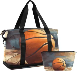 ALAZA Grunge Basketball on The Wood Background Gym Bag Sports Duffel Bag with Shoes Compartment, Overnight Weekender Travel Tote Bag for Women Men Trip College