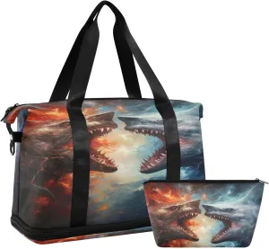 ALAZA Sharks in The Fire and Water Gym Bag Sports Duffel Bag with Shoes Compartment, Overnight Weekender Travel Tote Bag for Women Men Trip College