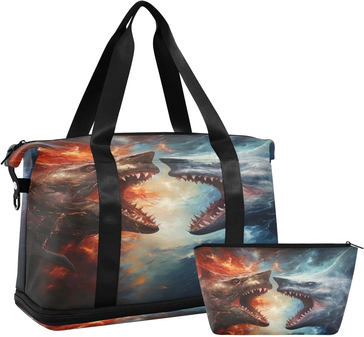 ALAZA Sharks in The Fire and Water Gym Bag Sports Duffel Bag with Shoes Compartment, Overnight Weekender Travel Tote Bag for Women Men Trip College