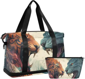 ALAZA Tiger and Wolf in The Space Gym Bag Sports Duffel Bag with Shoes Compartment, Overnight Weekender Travel Tote Bag for Women Men Trip College