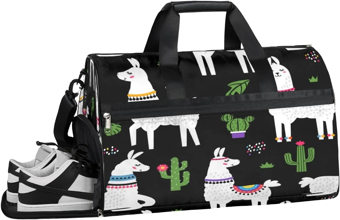 Alpaca White Cactus Sports Gym Bag with Wet Pocket & Shoes Compartment Waterproof Workout Duffel Bag for Women and Men Weekender Overnight Duffle Bag Travel Carry-on Tote
