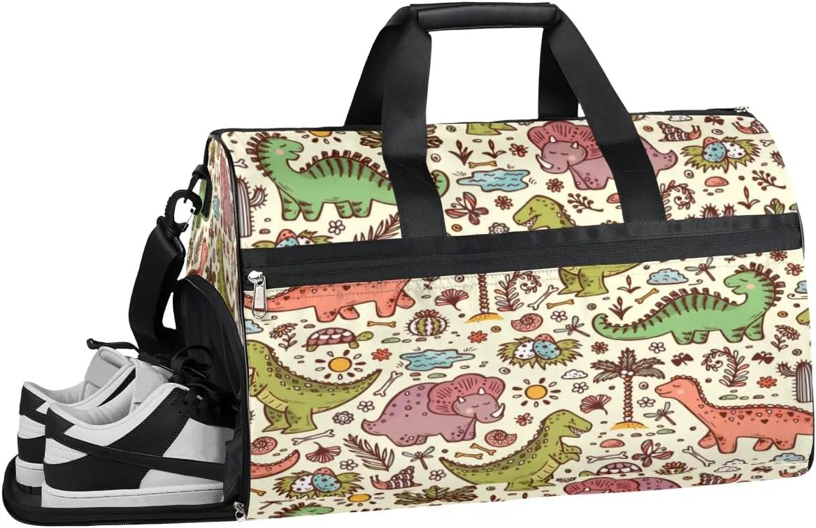 Animal Cute Dinosaur Sports Gym Bag with Wet Pocket & Shoes Compartment Waterproof Workout Duffel Bag for Women and Men Weekender Overnight Duffle Bag Travel Carry-on Tote