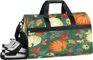 Autumn Pumpkin Leaves Sports Gym Bag with Wet Pocket & Shoes Compartment Waterproof Workout Duffel Bag for Women and Men Weekender Overnight Duffle Bag Travel Carry-on Tote