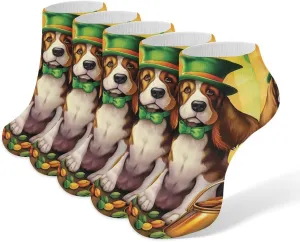 Basset Hound St Patrick's Day 5 Pairs Low Cut Ankle Socks for Men Women Athletic Running Socks No Show Breathable