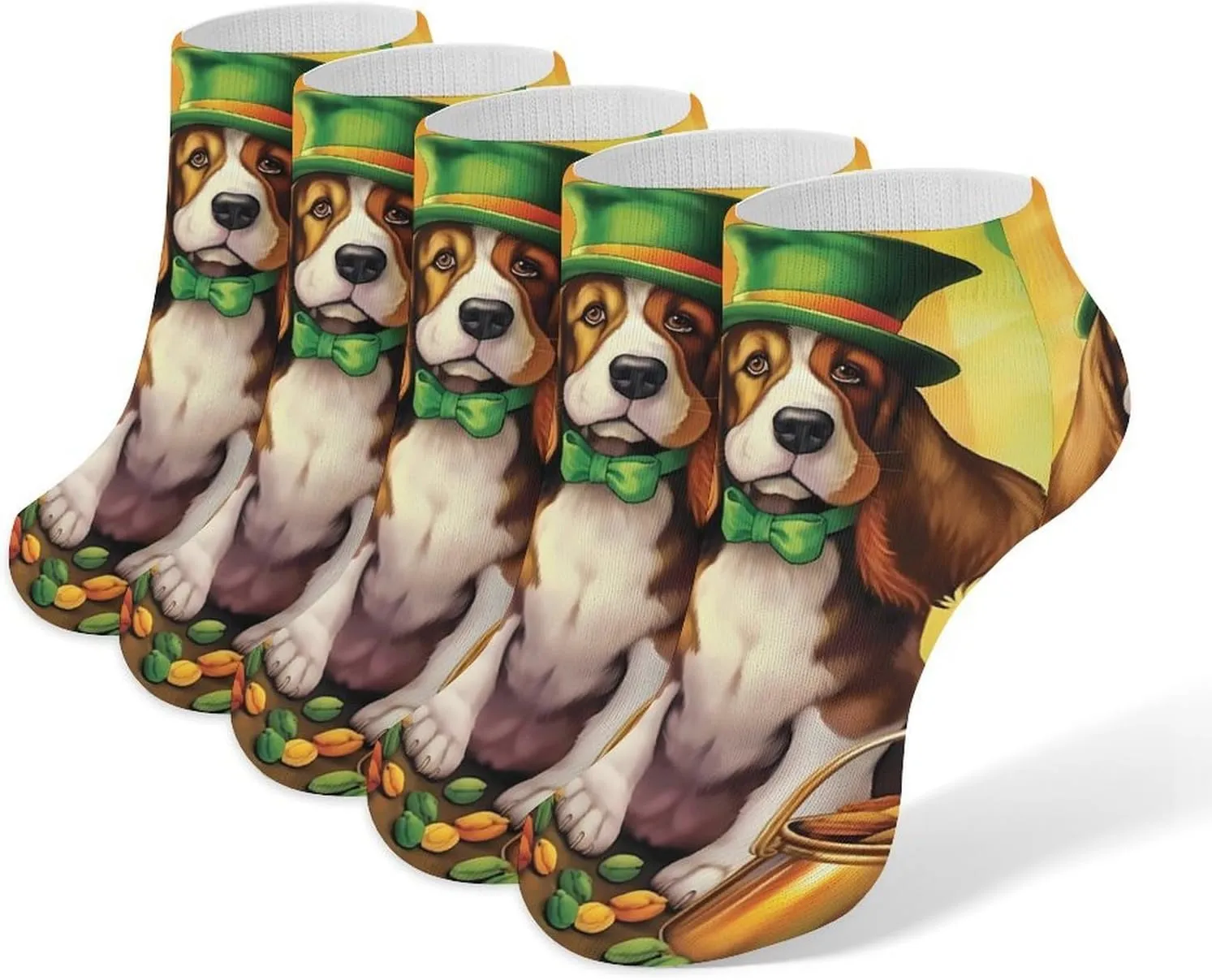 Basset Hound St Patrick's Day 5 Pairs Low Cut Ankle Socks for Men Women Athletic Running Socks No Show Breathable