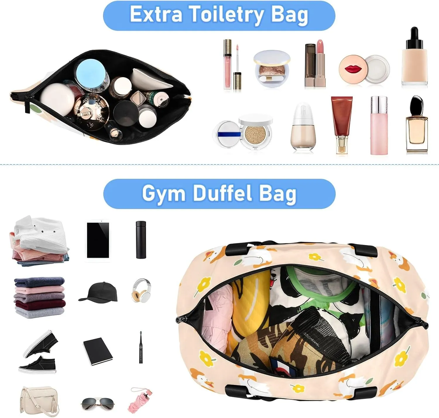 Beautiful Princess with White Unicorn Mens Duffle Bags for Traveling Expandable Football Bag, Womens Weekend Bag with Shoes Compartment, Little Cute Duck Cartoon, one size