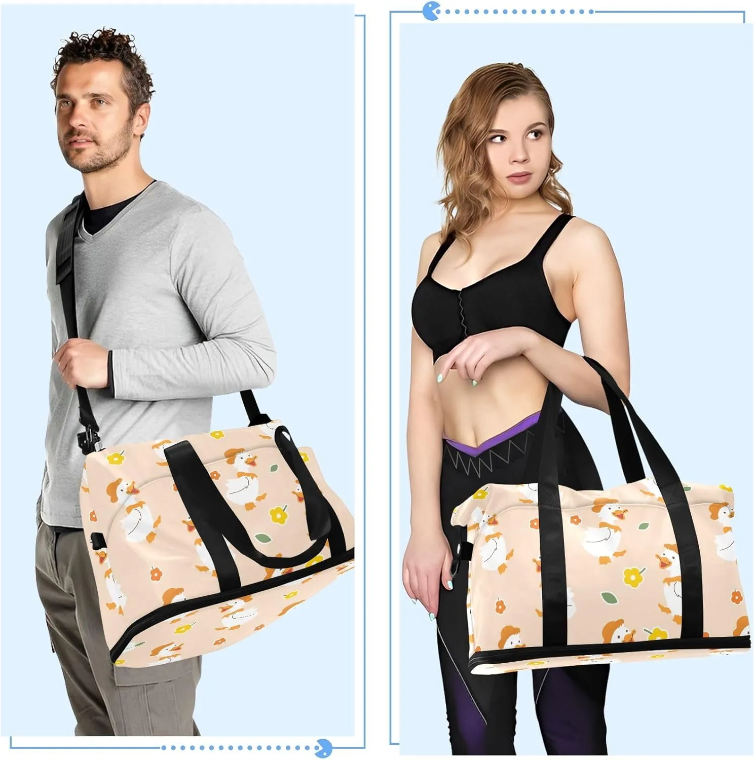 Beautiful Princess with White Unicorn Mens Duffle Bags for Traveling Expandable Football Bag, Womens Weekend Bag with Shoes Compartment, Little Cute Duck Cartoon, one size