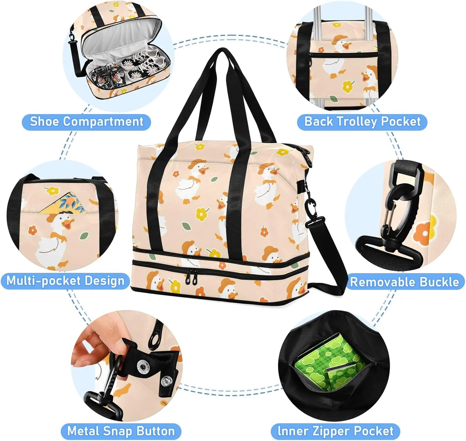 Beautiful Princess with White Unicorn Mens Duffle Bags for Traveling Expandable Football Bag, Womens Weekend Bag with Shoes Compartment, Little Cute Duck Cartoon, one size