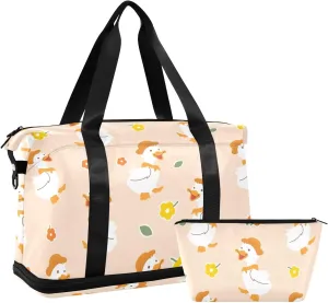 Beautiful Princess with White Unicorn Mens Duffle Bags for Traveling Expandable Football Bag, Womens Weekend Bag with Shoes Compartment, Little Cute Duck Cartoon, one size