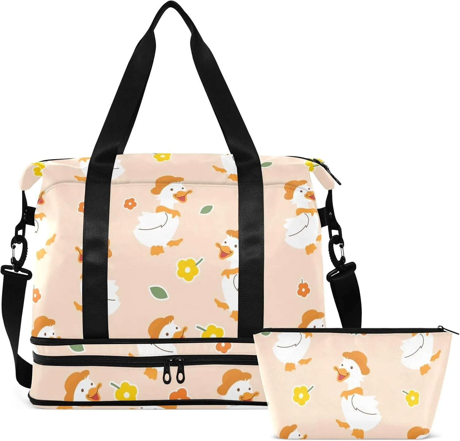 Beautiful Princess with White Unicorn Mens Duffle Bags for Traveling Expandable Football Bag, Womens Weekend Bag with Shoes Compartment, Little Cute Duck Cartoon, one size