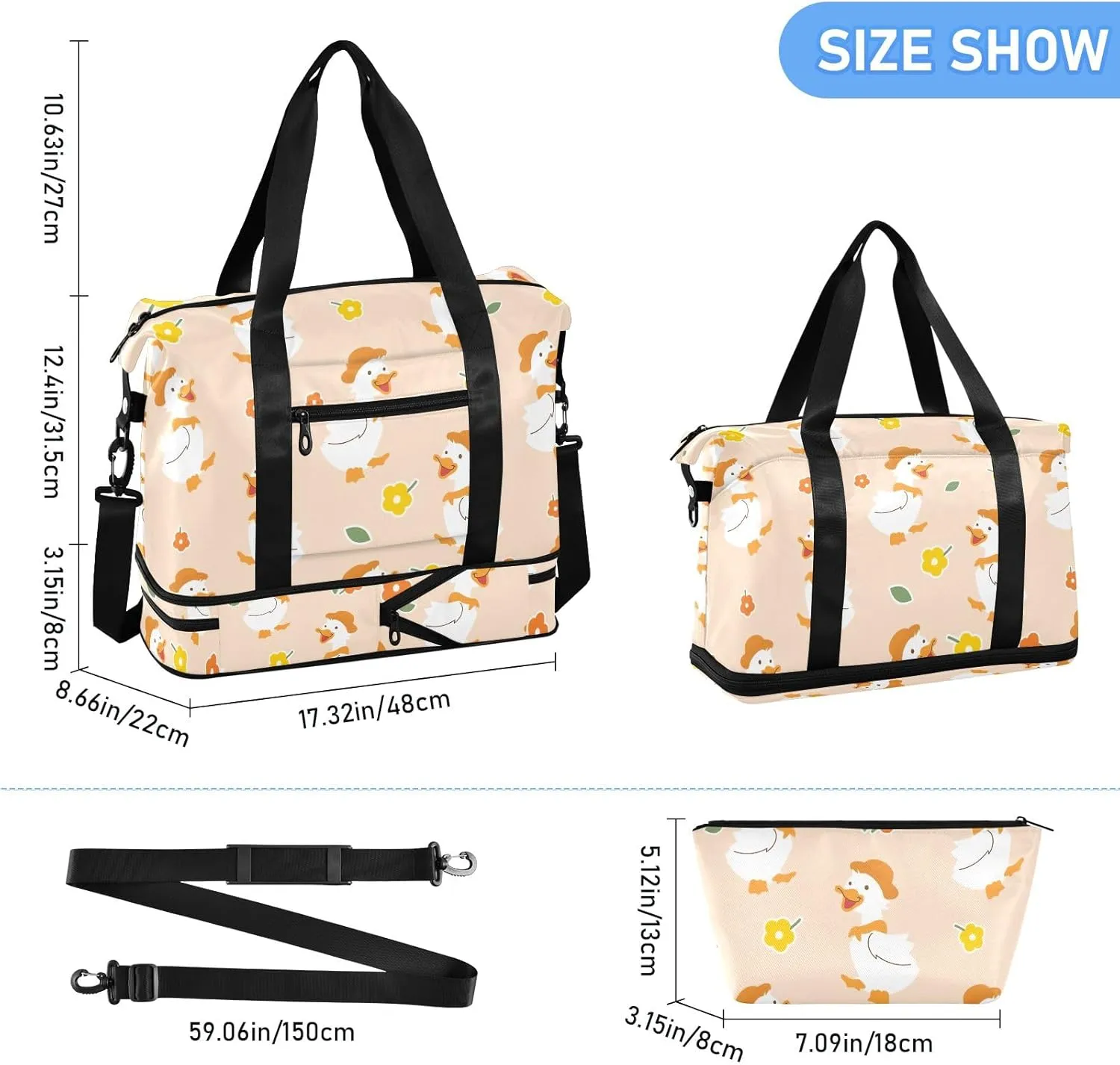 Beautiful Princess with White Unicorn Mens Duffle Bags for Traveling Expandable Football Bag, Womens Weekend Bag with Shoes Compartment, Little Cute Duck Cartoon, one size
