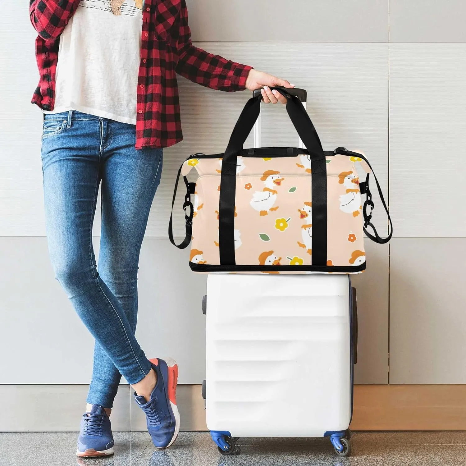 Beautiful Princess with White Unicorn Mens Duffle Bags for Traveling Expandable Football Bag, Womens Weekend Bag with Shoes Compartment, Little Cute Duck Cartoon, one size