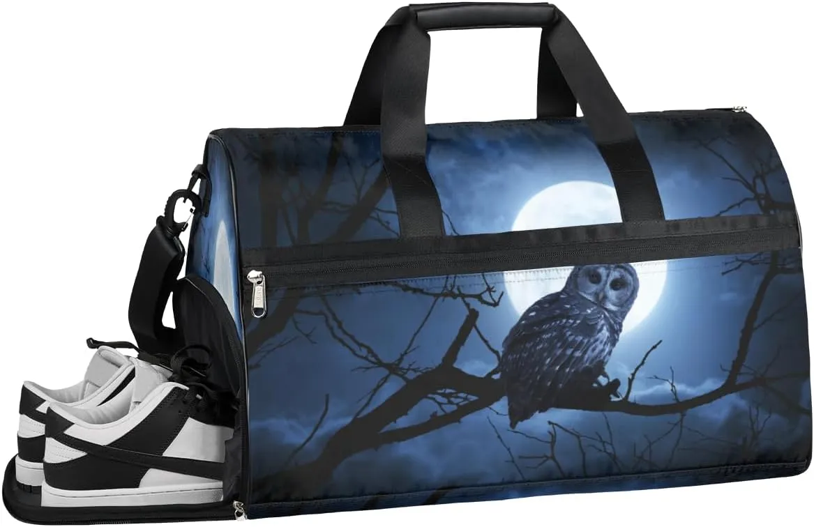 Bird Owl Tree Moonlight Resistant Sports Gym Bag for Women Men Travel Duffel bag with Wet Pocket & Shoes Compartment Waterproof Weekender Bag 19.7"x9.9"x13"