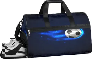 Blue Football Style Sports Gym Bag with Wet Pocket & Shoes Compartment Waterproof Workout Duffel Bag for Women and Men Weekender Overnight Duffle Bag Travel Carry-on Tote
