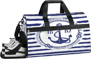 Blue White Anchor Striped Sports Gym Bag with Wet Pocket & Shoes Compartment Waterproof Workout Duffel Bag for Women and Men Weekender Overnight Duffle Bag Travel Carry-on Tote