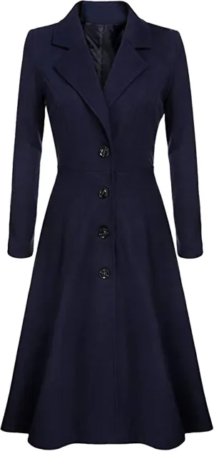BOFETA Women's Vintage Notched Lapel Collar Wool Blend Dress Coat Swing A Line Long Solid Color Button Pea Coat