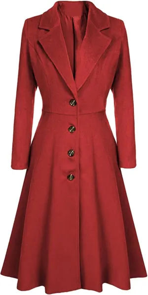 BOFETA Women's Vintage Notched Lapel Collar Wool Blend Dress Coat Swing A Line Long Solid Color Button Pea Coat