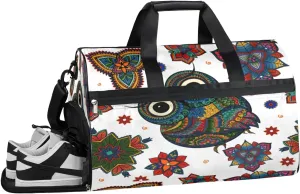Boho Ethnic Owl Sports Gym Bag with Wet Pocket & Shoes Compartment Waterproof Workout Duffel Bag for Women and Men Weekender Overnight Duffle Bag Travel Carry-on Tote
