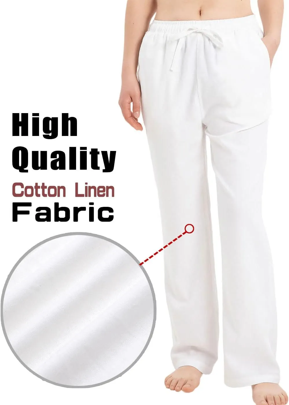Bonnorth Women's Cotton Linen Elastic Drawstring Waist Loose Wide Leg Solid Pants with Pockets