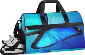 Bright Blue Butterfly Sports Gym Bag for Women and Men Travel Duffel Bag Overnight Shoulder Bag Waterproof Workout Bag Portable Sports Tote with Shoes Compartment