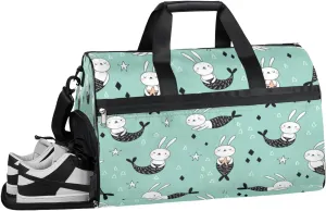 Bunny Mermaid Sports Gym Bag with Wet Pocket & Shoes Compartment Waterproof Workout Duffel Bag for Women and Men Weekender Overnight Duffle Bag Travel Carry-on Tote