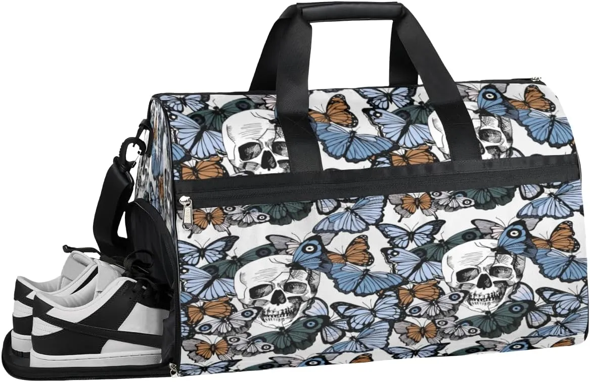 Butterflies Skull Sports Gym Bag with Wet Pocket & Shoes Compartment Waterproof Workout Duffel Bag for Women and Men Weekender Overnight Duffle Bag Travel Carry-on Tote