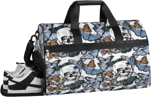 Butterflies Skull Sports Gym Bag with Wet Pocket & Shoes Compartment Waterproof Workout Duffel Bag for Women and Men Weekender Overnight Duffle Bag Travel Carry-on Tote