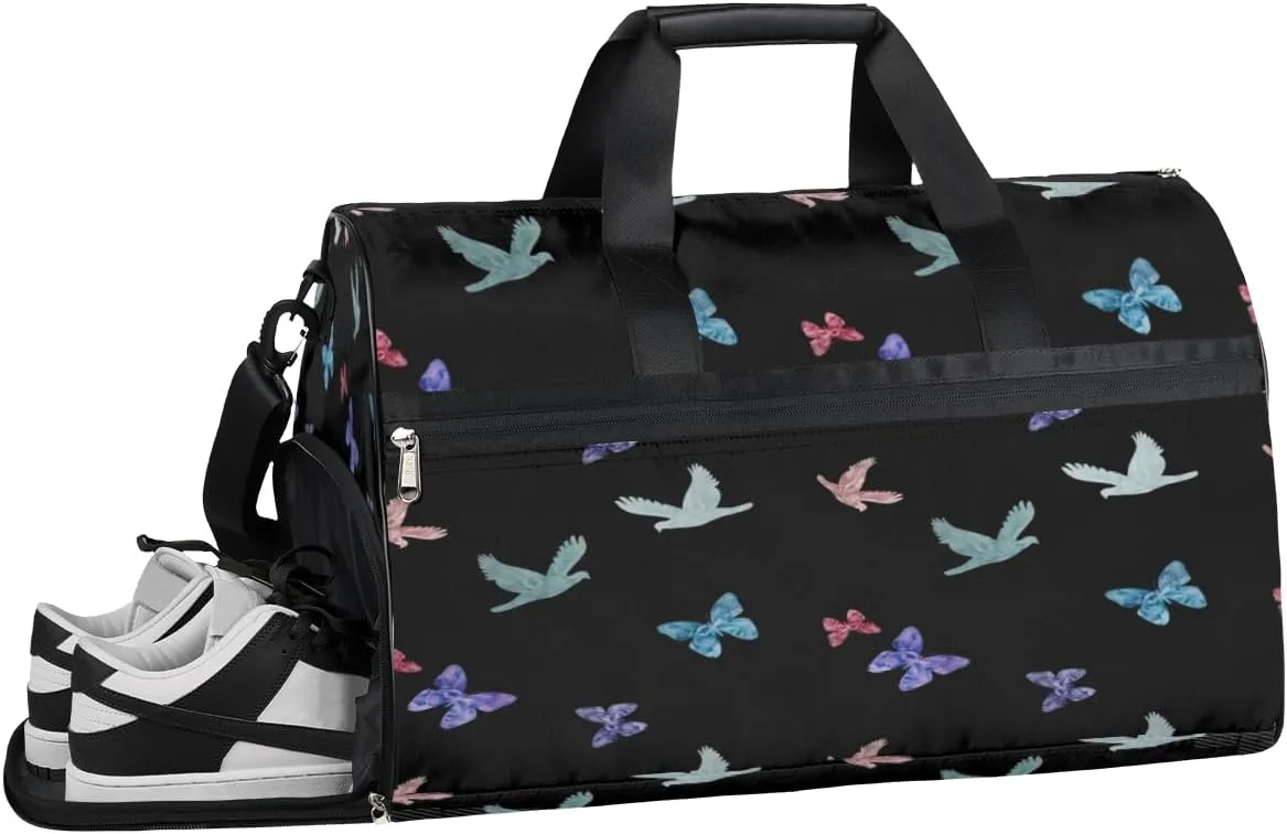 Butterfly And Birds Sports Gym Bag with Wet Pocket & Shoes Compartment Waterproof Workout Duffel Bag for Women and Men Weekender Overnight Duffle Bag Travel Carry-on Tote