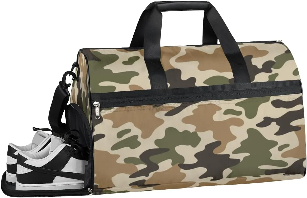 Camo Sports Gym Bag with Wet Pocket & Shoes Compartment Waterproof Workout Duffel Bag for Women and Men Weekender Overnight Duffle Bag Travel Carry-on Tote