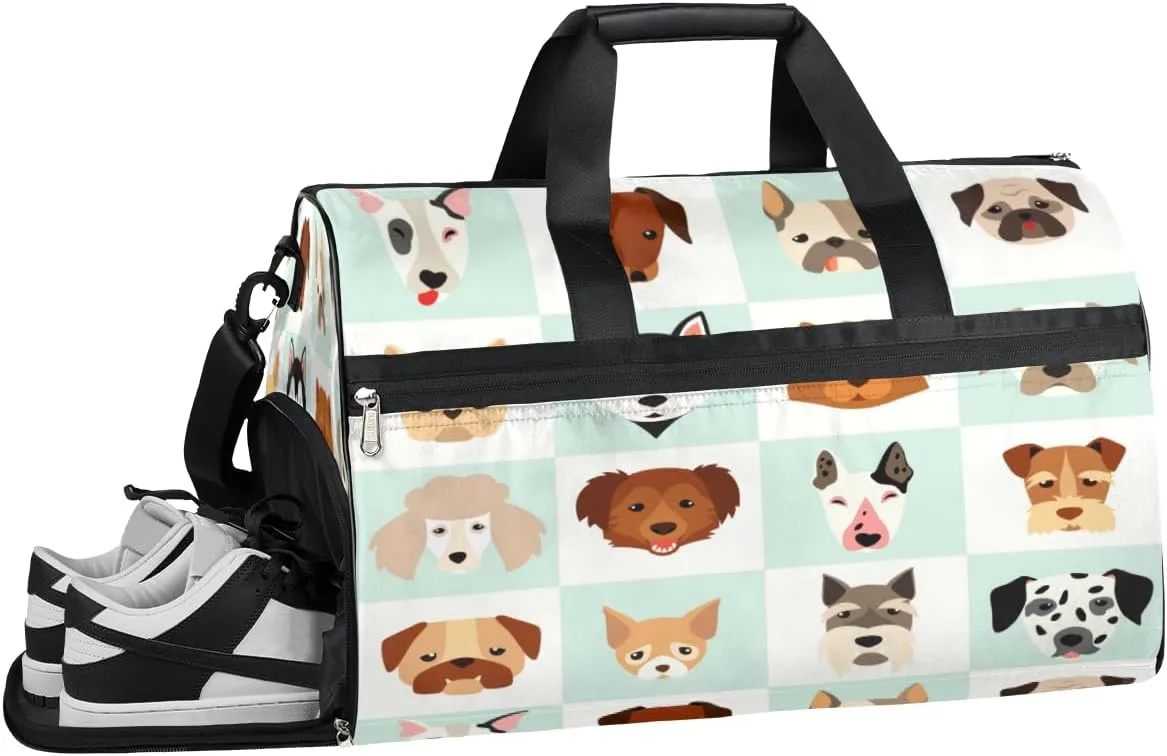 Cartoon Animal Dog Pattern Sports Gym Bag with Wet Pocket & Shoes Compartment Waterproof Workout Duffel Bag for Women and Men Weekender Overnight Duffle Bag Travel Carry-on Tote