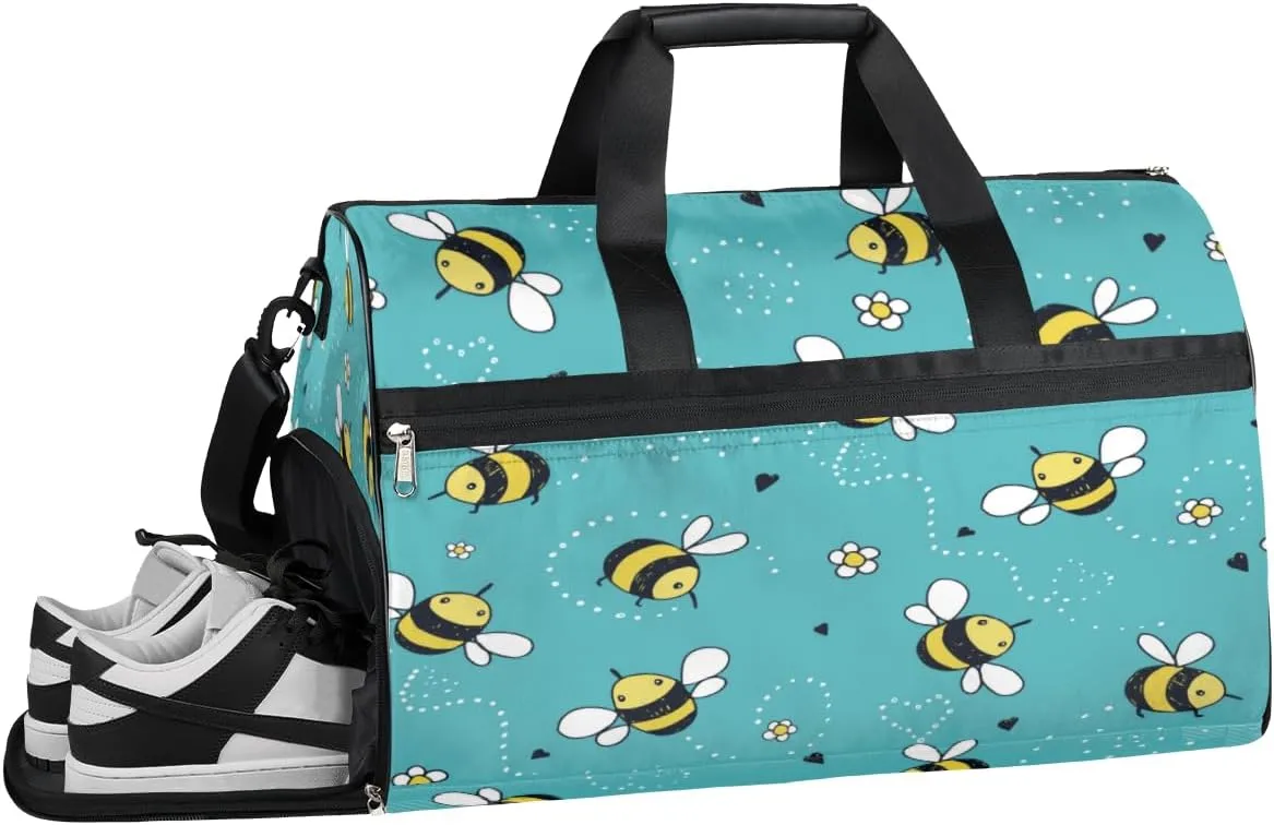 Cartoon Bee Pattern Sports Gym Bag with Wet Pocket & Shoes Compartment Waterproof Workout Duffel Bag for Women and Men Weekender Overnight Duffle Bag Travel Carry-on Tote