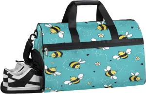 Cartoon Bee Pattern Sports Gym Bag with Wet Pocket & Shoes Compartment Waterproof Workout Duffel Bag for Women and Men Weekender Overnight Duffle Bag Travel Carry-on Tote