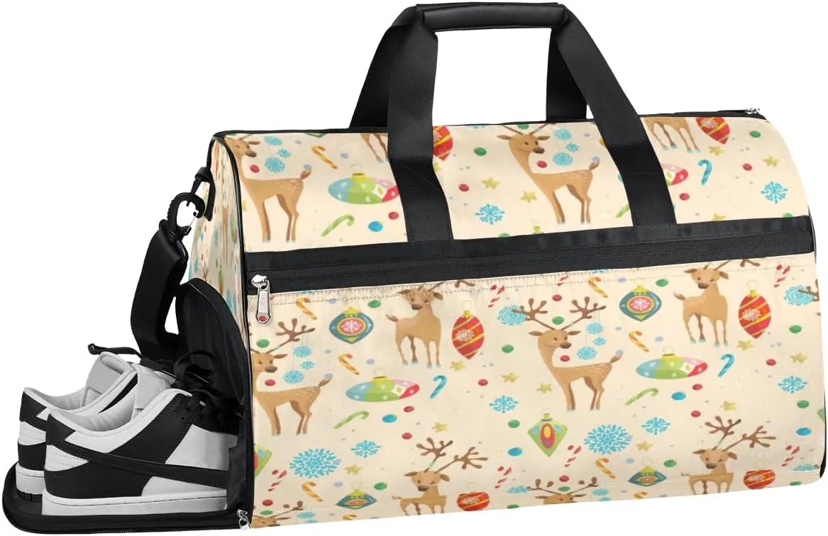 Cartoon Deer Pattern Sports Gym Bag with Wet Pocket & Shoes Compartment Waterproof Workout Duffel Bag for Women and Men Weekender Overnight Duffle Bag Travel Carry-on Tote