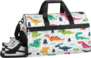 Cartoon Dinosaur Sports Gym Bag with Wet Pocket & Shoes Compartment Waterproof Workout Duffel Bag for Women and Men Weekender Overnight Duffle Bag Travel Carry-on Tote