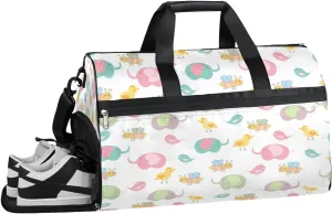 Cartoon Elephant Birds And Bee Sports Gym Bag with Wet Pocket & Shoes Compartment Waterproof Workout Duffel Bag for Women and Men Weekender Overnight Duffle Bag Travel Carry-on Tote