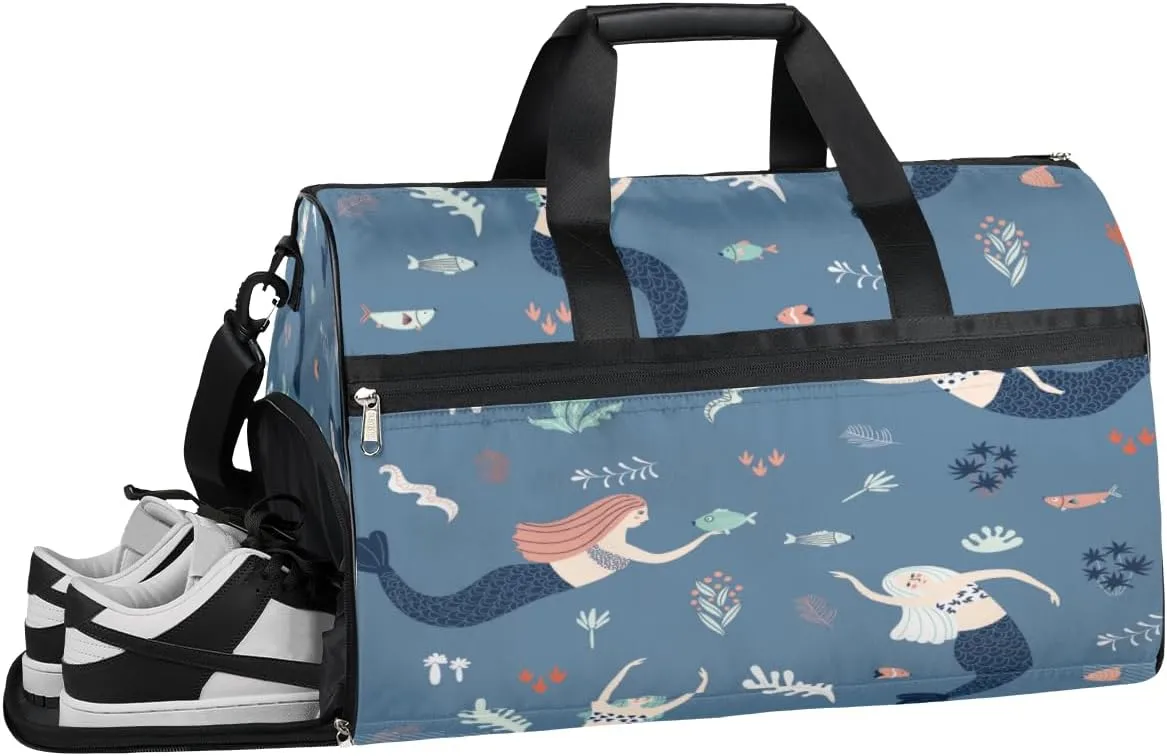 Cartoon Mermaid Style Sports Gym Bag with Wet Pocket & Shoes Compartment Waterproof Workout Duffel Bag for Women and Men Weekender Overnight Duffle Bag Travel Carry-on Tote
