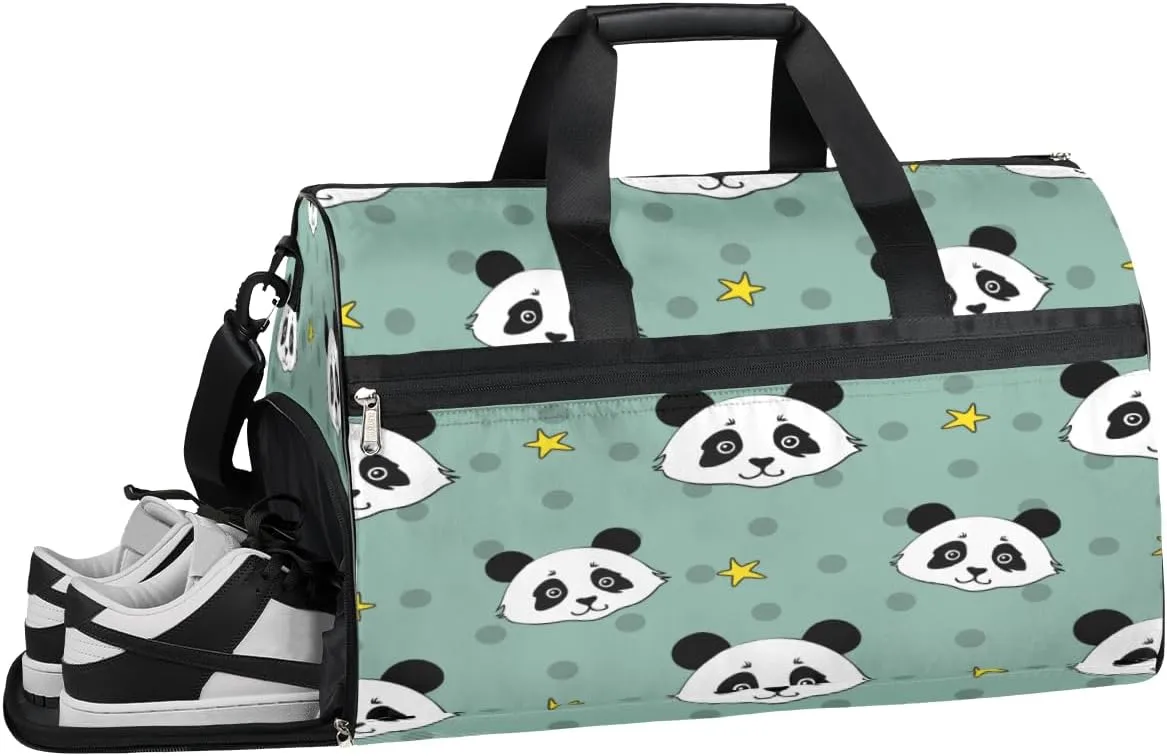 Cartoon Panda Sports Gym Bag with Wet Pocket & Shoes Compartment Waterproof Workout Duffel Bag for Women and Men Weekender Overnight Duffle Bag Travel Carry-on Tote