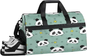 Cartoon Panda Sports Gym Bag with Wet Pocket & Shoes Compartment Waterproof Workout Duffel Bag for Women and Men Weekender Overnight Duffle Bag Travel Carry-on Tote
