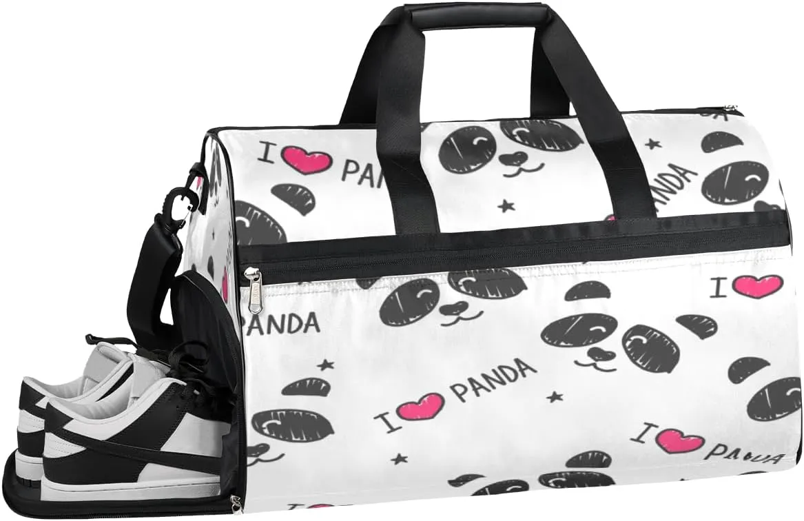 Cartoon Panda Theme Sports Gym Bag with Wet Pocket & Shoes Compartment Waterproof Workout Duffel Bag for Women and Men Weekender Overnight Duffle Bag Travel Carry-on Tote