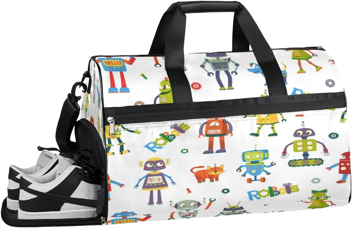 Cartoon Robot Theme Sports Gym Bag with Wet Pocket & Shoes Compartment Waterproof Workout Duffel Bag for Women and Men Weekender Overnight Duffle Bag Travel Carry-on Tote