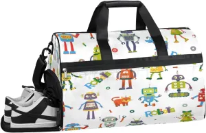 Cartoon Robot Theme Sports Gym Bag with Wet Pocket & Shoes Compartment Waterproof Workout Duffel Bag for Women and Men Weekender Overnight Duffle Bag Travel Carry-on Tote
