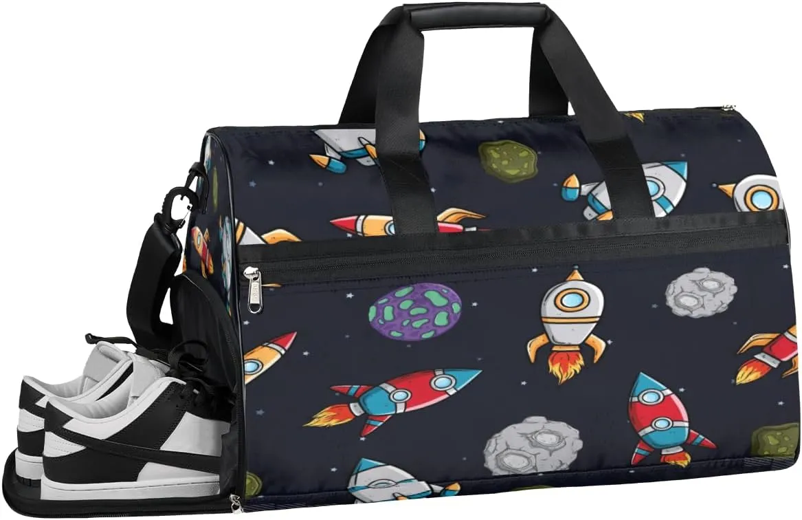 Cartoon Space Sports Gym Bag with Wet Pocket & Shoes Compartment Waterproof Workout Duffel Bag for Women and Men Weekender Overnight Duffle Bag Travel Carry-on Tote
