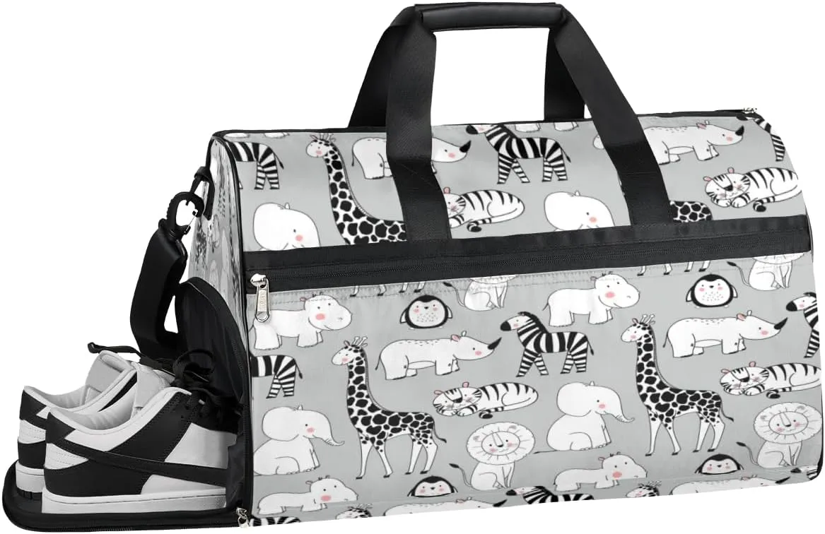 Cartoon Zebra Elephant Sports Gym Bag with Wet Pocket & Shoes Compartment Waterproof Workout Duffel Bag for Women and Men Weekender Overnight Duffle Bag Travel Carry-on Tote