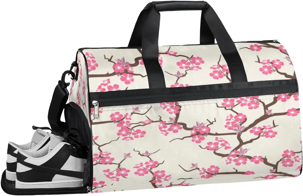 Cherry Blossom Pattern Sports Gym Bag with Wet Pocket & Shoes Compartment Waterproof Workout Duffel Bag for Women and Men Weekender Overnight Duffle Bag Travel Carry-on Tote