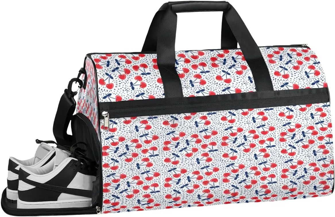 Cherry Blue Red Sports Gym Bag for Women and Men Travel Duffel Bag Overnight Shoulder Bag Waterproof Workout Bag Portable Sports Tote with Shoes Compartment