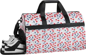 Cherry Blue Red Sports Gym Bag for Women and Men Travel Duffel Bag Overnight Shoulder Bag Waterproof Workout Bag Portable Sports Tote with Shoes Compartment